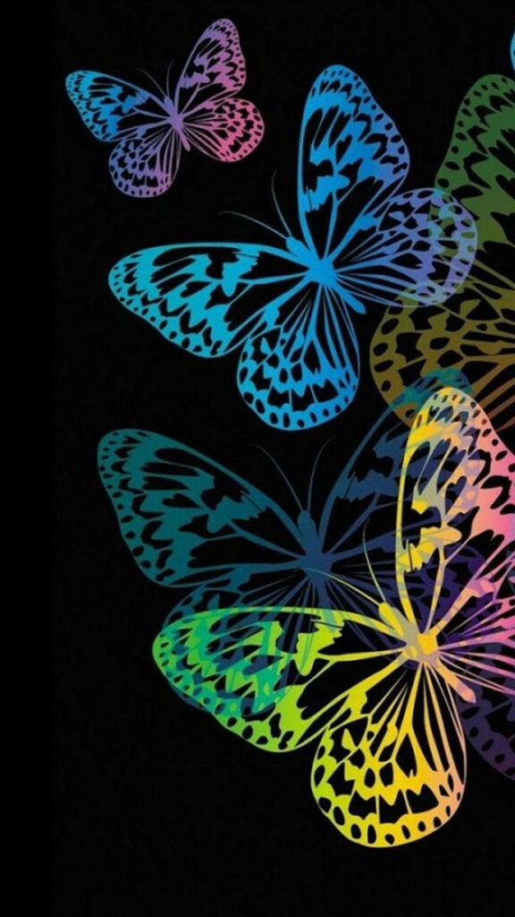 Vibrant Rainbow-Patterned Butterflies Wallpaper on Black Background