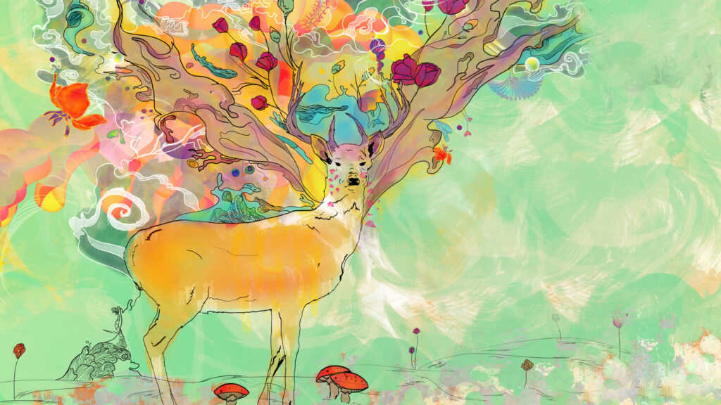 Colorful Reindeer Wallpaper: Psychedelic Antlers & Dreamy Background