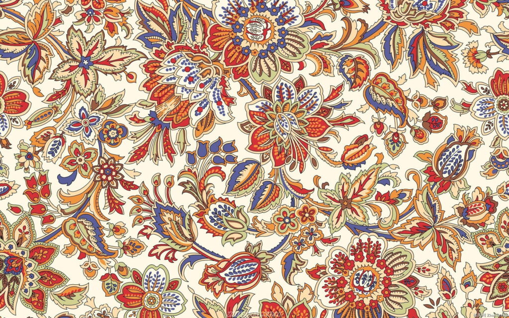 Colorful retro floral wallpaper with intricate paisley patterns on cream vintage background