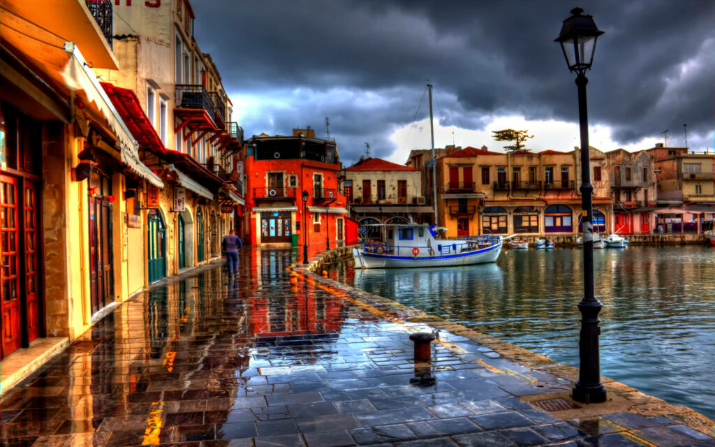 Colorful Crete Riverbank: Scenic Wallpaper of Traditional Charm