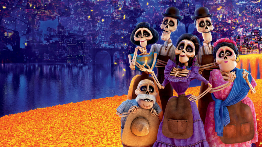 Vibrant Coco Wallpaper: Rivera Family Skeletons Amid Marigolds