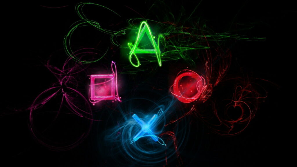 Vibrant neon PlayStation controller symbols glowing fractal style on black wallpaper background