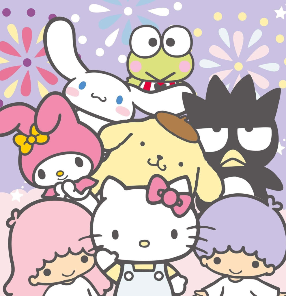Colorful Sanrio Characters Wallpaper with Fireworks Background