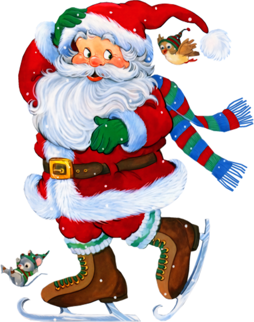 Festive Santa Ice Skating with Cheerful Animals - Colorful Illustration Wallpaper