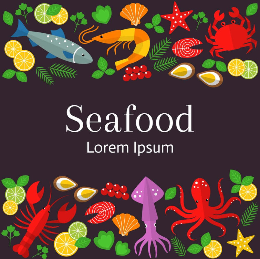 Vibrant Seafood Wallpaper: Colorful Fish, Shrimp & Aquatic Feast Design