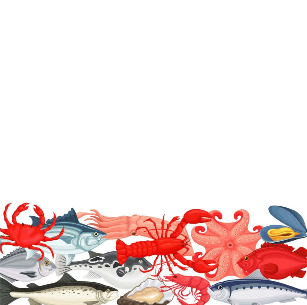 Colorful Seafood Feast Wallpaper: Lobsters, Fish, & Shellfish Art