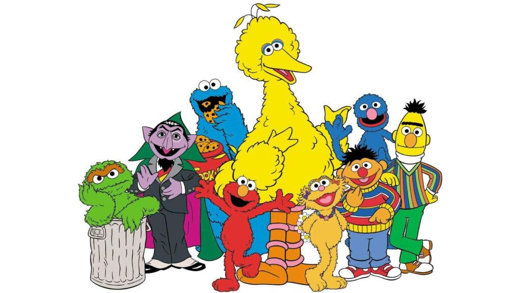 Sesame Street characters group wallpaper with Oscar Grouch Elmo Big Bird Cookie Monster smiling