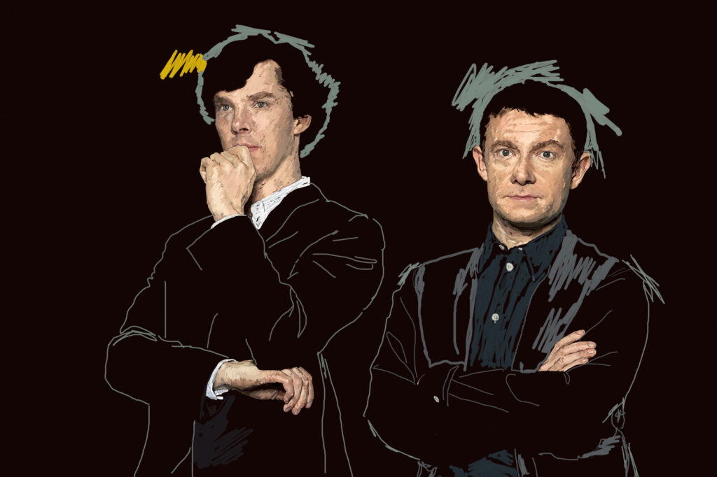 Colorful Doodle Wallpaper: Sherlock & John’s Unique Personalities