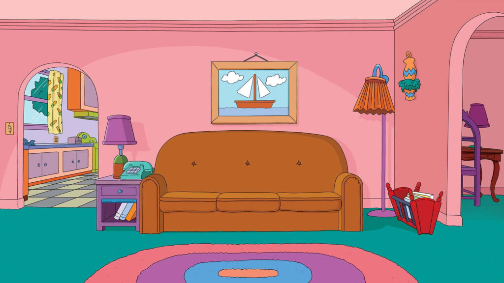 Vibrant Simpsons Living Room: Iconic Couch & Sailboat Decor Wallpaper