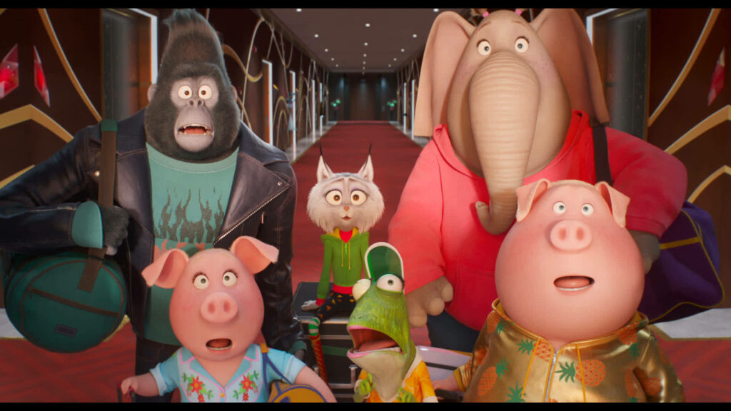 Vibrant Sing 2 Wallpaper: Surprised Characters in a Colorful Setting