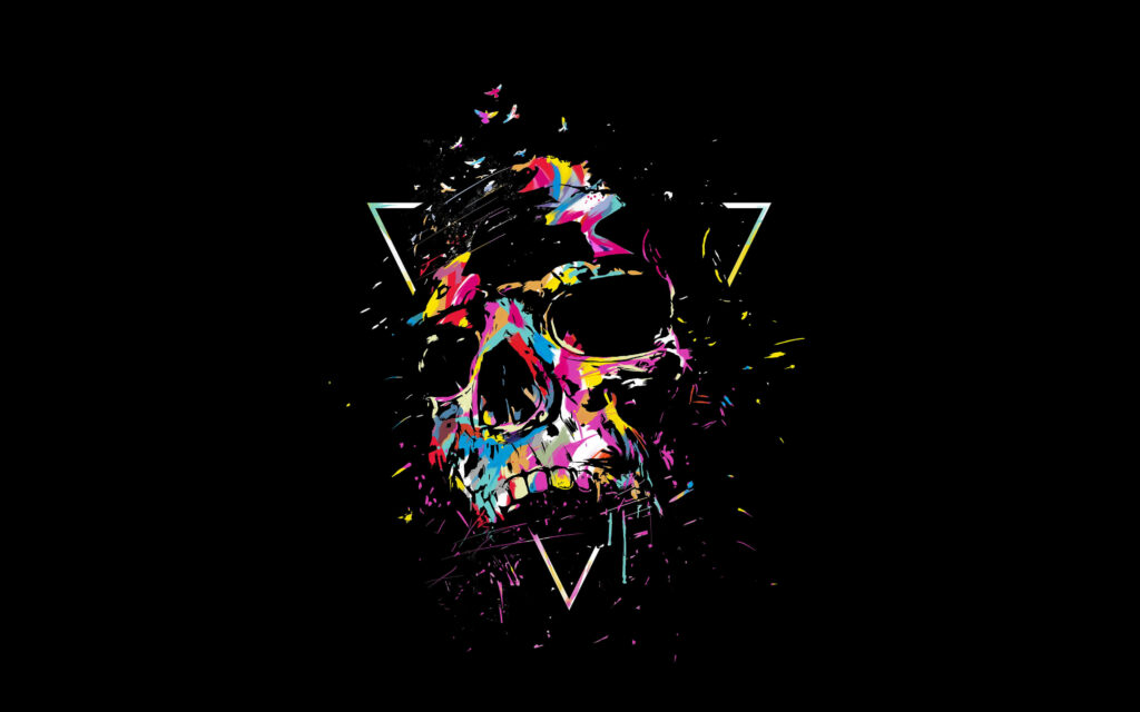 Vibrant Gangster: A Bold and Colorful Skull Embracing its Mischievous Side Against a Mysterious Dark Backdrop Wallpaper