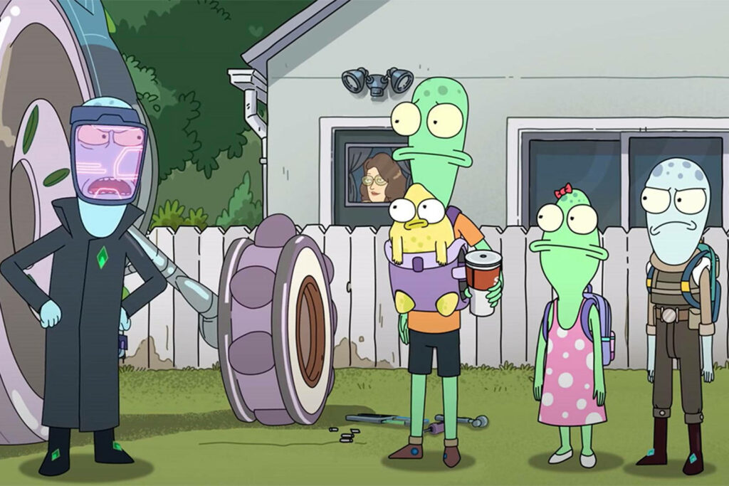 Colorful Solar Opposites Wallpaper: Alien Characters in Suburban Fun