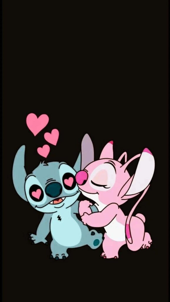 Adorable Stitch & Angel Cartoon Wallpaper with Heart Background