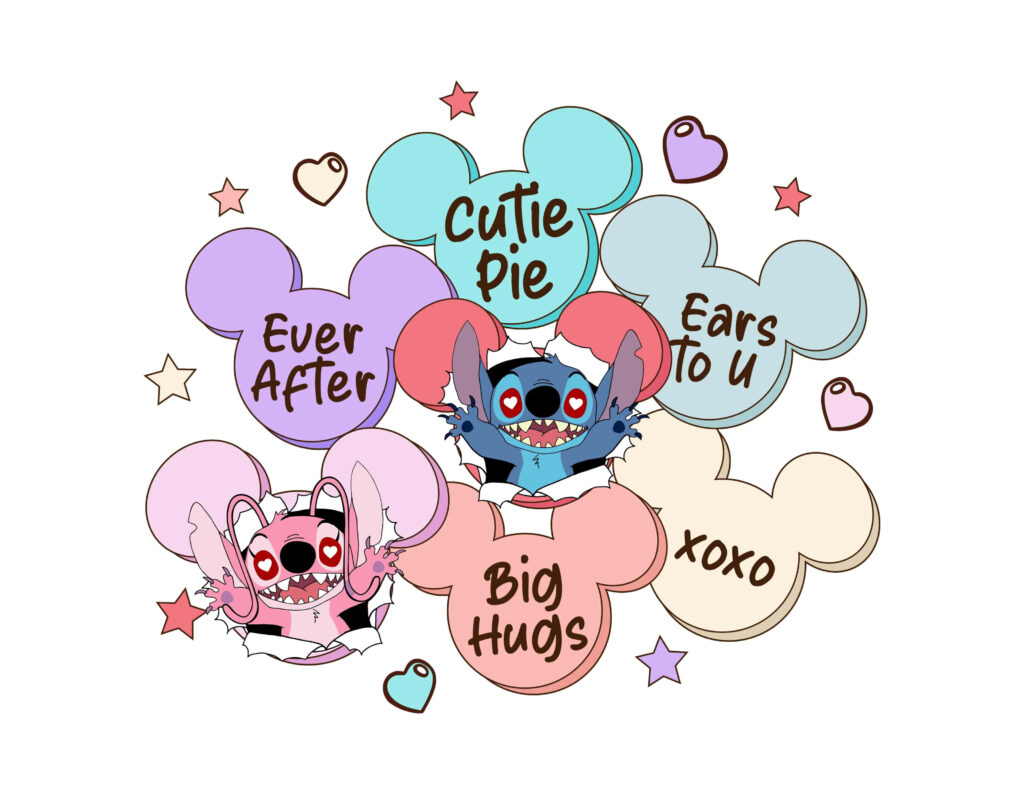 Charming Stitch & Angel Valentine's Wallpaper with Hearts & Bubbles