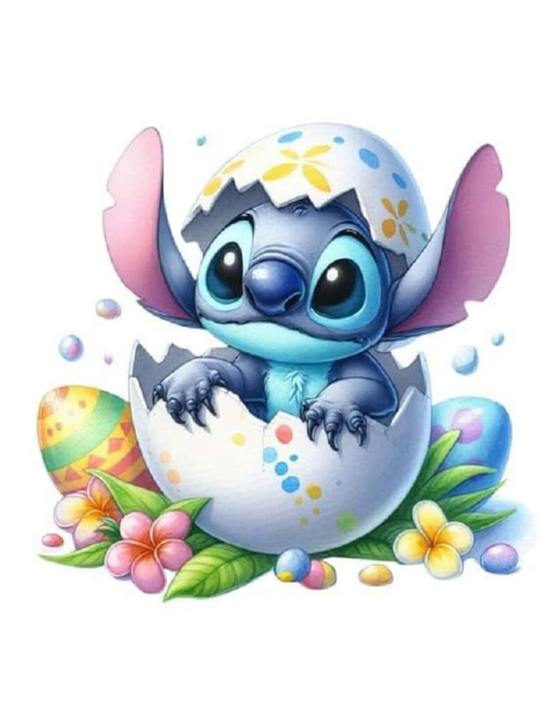 Adorable Easter Egg Wallpaper with Stitch-Like Character & Flowers