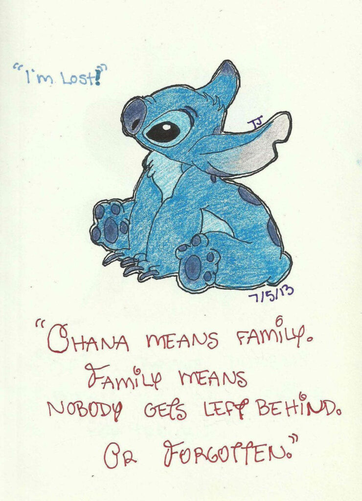 Colorful Stitch Wallpaper: Ohana Means Family Quote Illustration