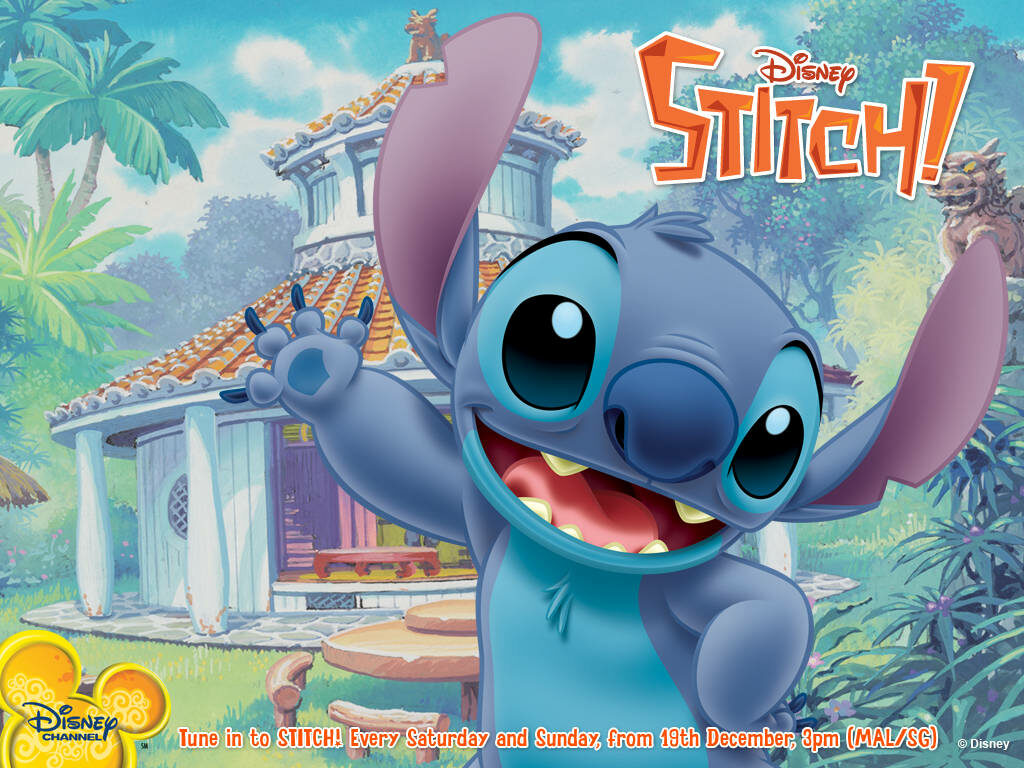Vibrant Stitch Wallpaper: Playful Alien in Tropical Paradise
