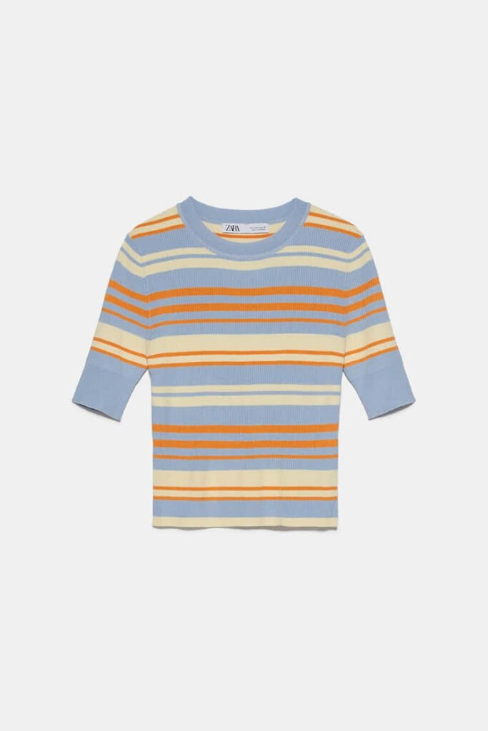Colorful Striped Top: Blue, Orange, Yellow & White Short Sleeve Style Wallpaper