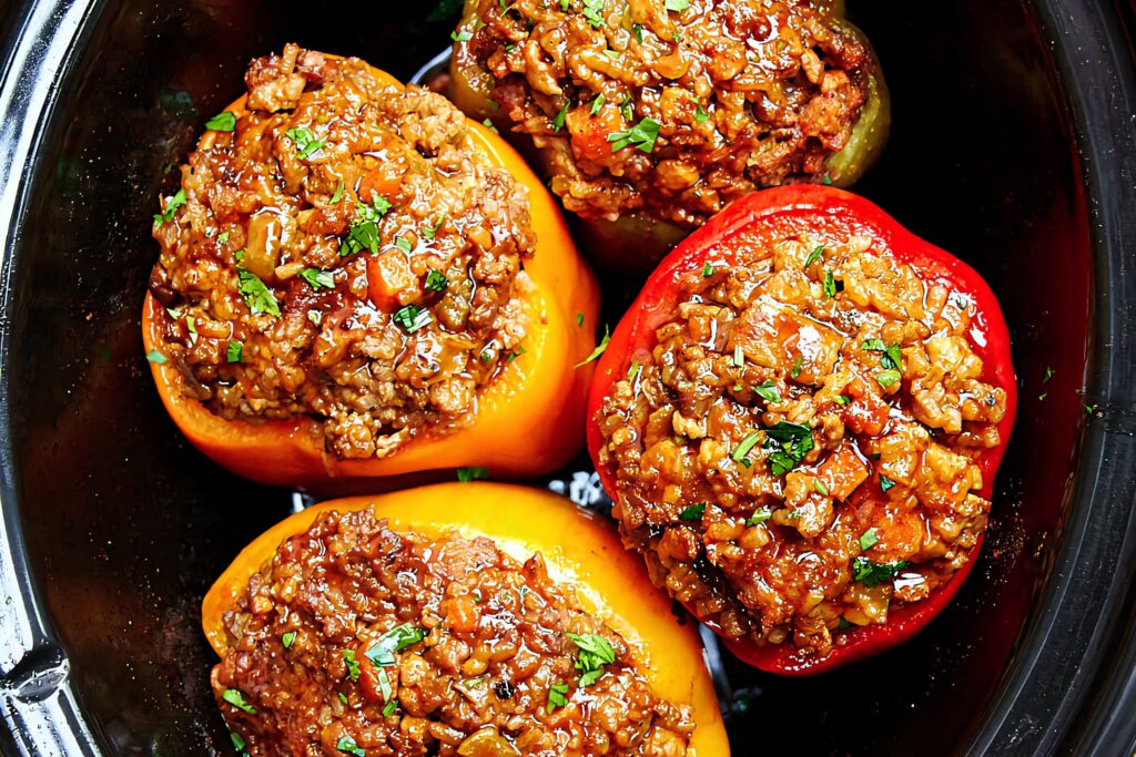 Colorful stuffed bell peppers with savory beef and vegetable filling vibrant food wallpaper