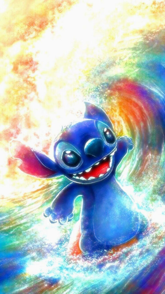 Vibrant Surfing Wallpaper with Cute Blue Character & Colorful Waves