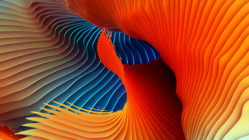 3D abstract wallpaper with vibrant orange and blue fluid ribbons for modern MacBook background