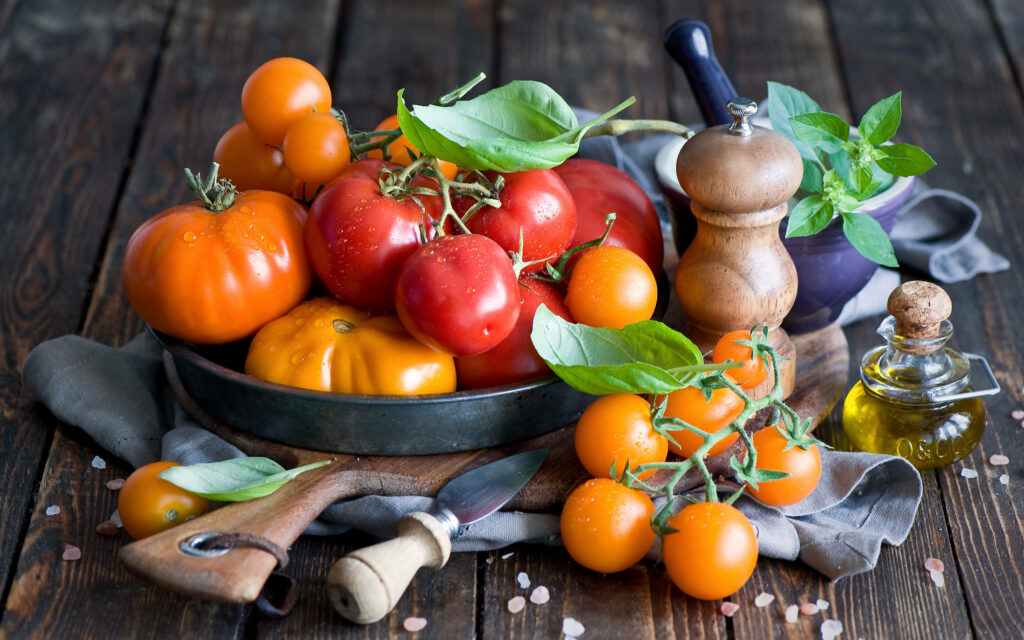 Vibrant Tomato Wallpaper: Colorful Fruits & Fresh Basil Background
