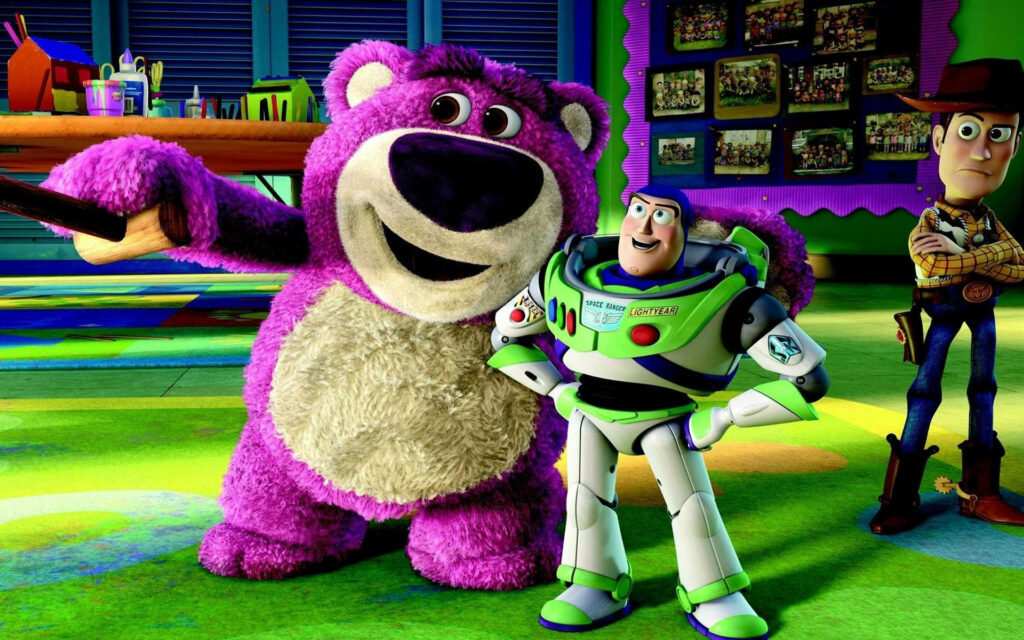 Vibrant Toy Story Wallpaper: Lotso & Buzz in a Colorful Classroom