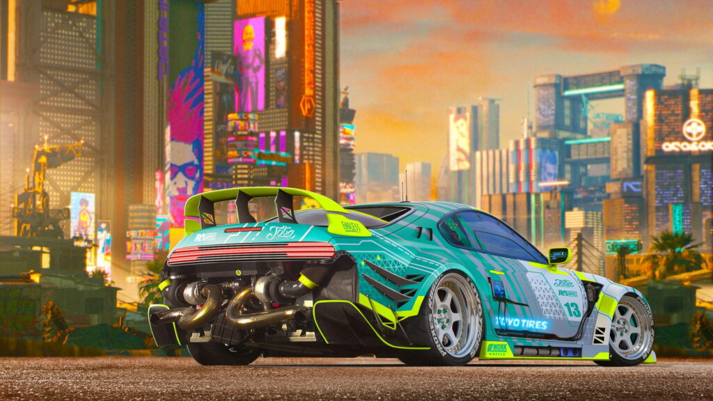 Modified Toyota Supra A90 teal lime widebody twin turbos Work wheels Cyberpunk 2077 cityscape wallpaper