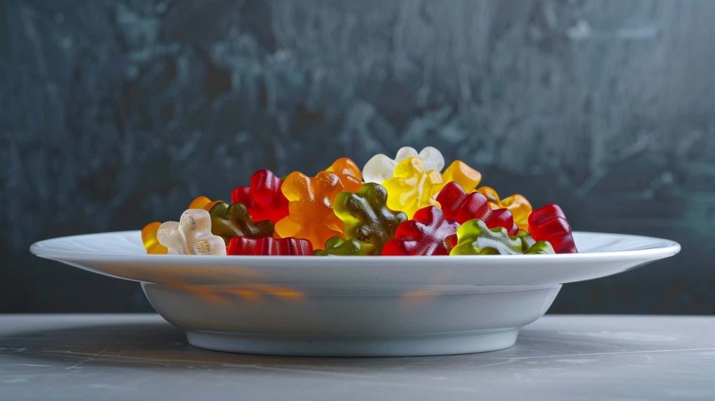 Colorful translucent gummy bears piled on white plate with soft lighting moody background Wallpaper