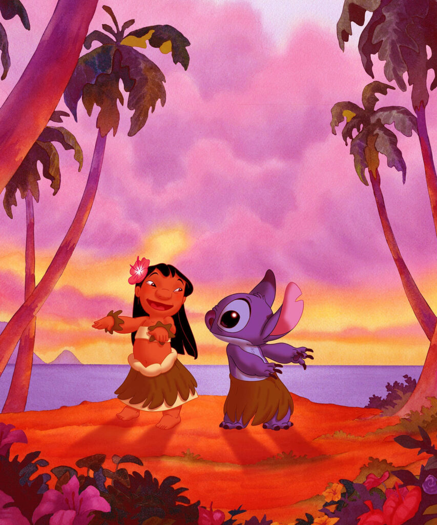 Vibrant Tropical Sunset Wallpaper with Playful Characters