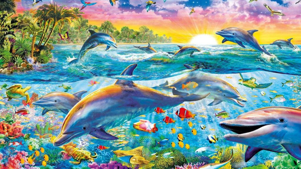Tropical Underwater Paradise Wallpaper with Dolphins and Sunset