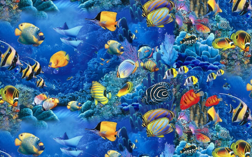 Aquatic Symphony: A Beautiful Digital Art Wallpaper of Colorful Fishes Swimming Underwater in HD Quality with Breathtaking Background