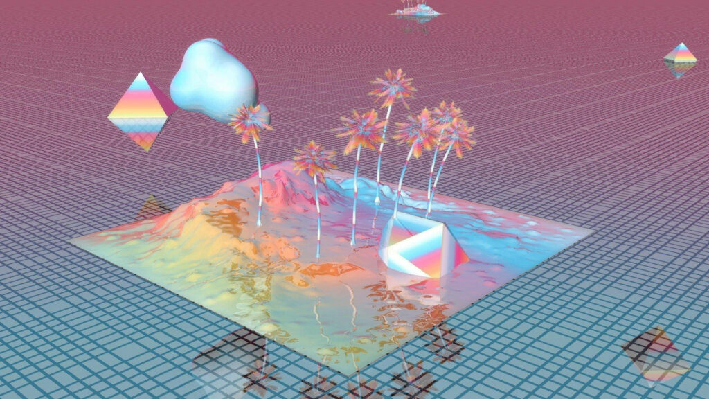 Paradise Dreams: A Vibrant Vaporwave Retreat on an Island Oasis Wallpaper