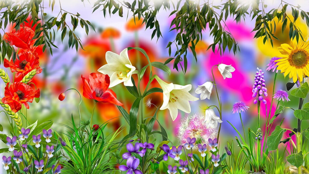 HD wallpaper with vibrant red poppies white lilies sunflower and purple violets in garden