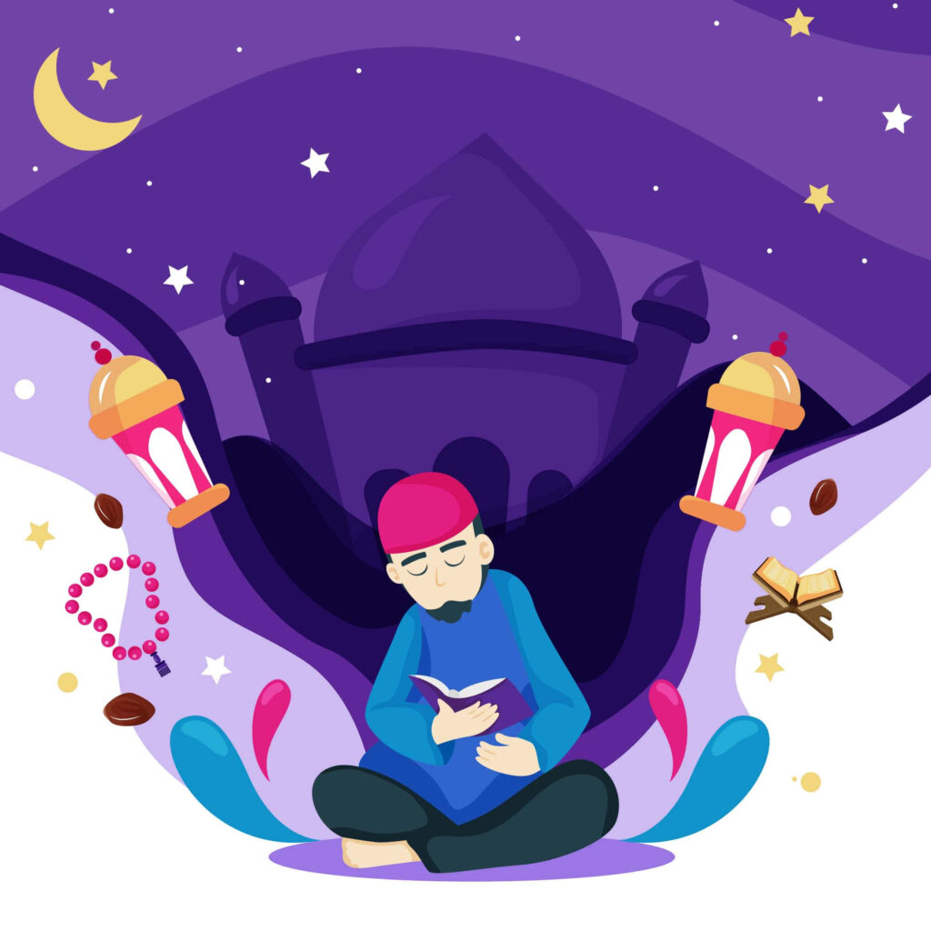 Serene Reading Scene Wallpaper: Colorful Vector with Mosque & Moon