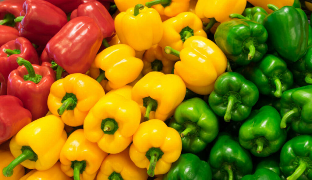 Colorful Wallpaper: Fresh Red, Yellow & Green Bell Peppers Design