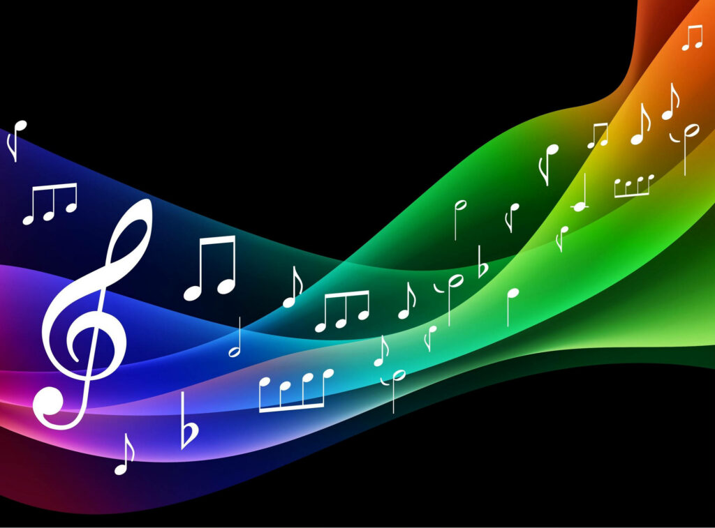 Colorful Wave Wallpaper: Musical Notes on Black Background