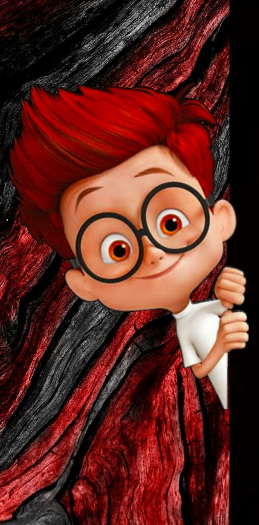 3D cartoon boy with red hair and glasses peeking on textured red and black background wallpaper