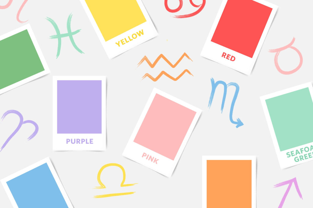 Colorful Instant Film Frames & Zodiac Symbols on White Wallpaper