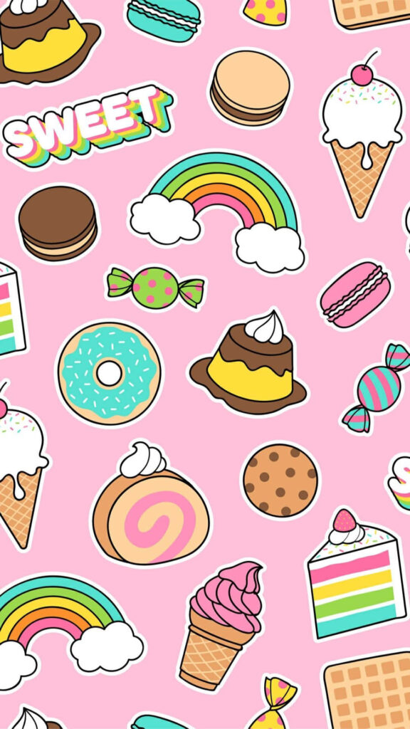 Sweet Treats iPhone Wallpaper: Colorful Desserts on Pink Background