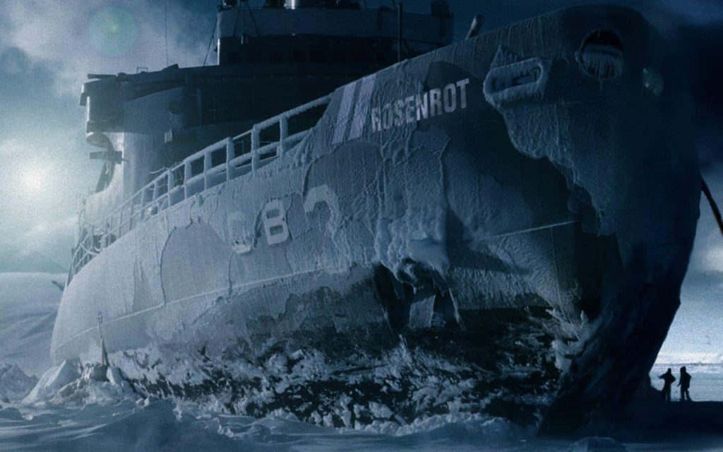 Colossal ice-covered ship in frozen arctic with human silhouettes cool blue tones wallpaper background