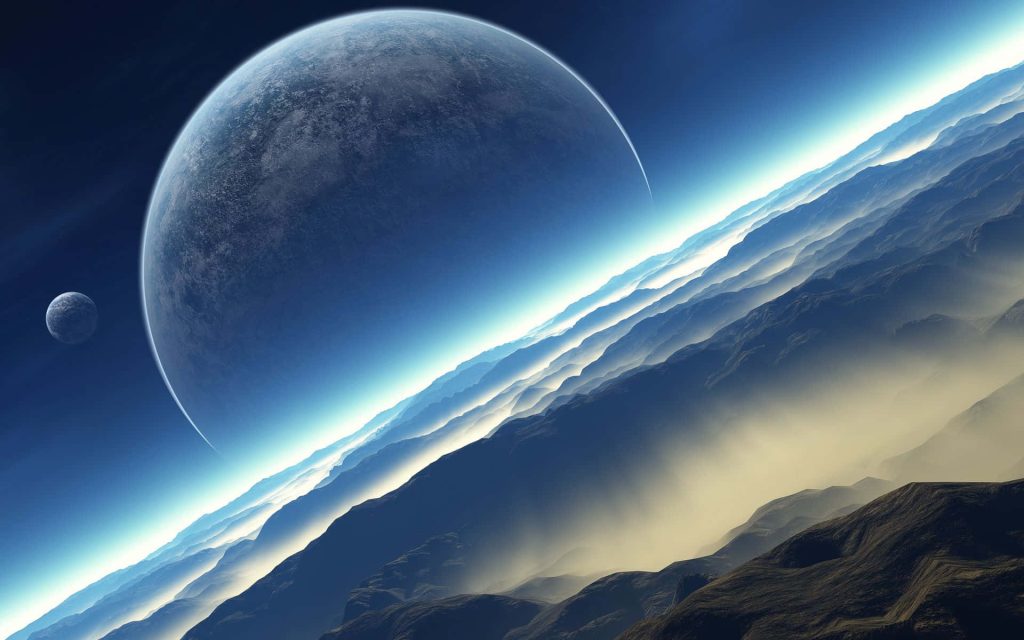 Colossal planet over misty alien mountains with dramatic rim lighting sci fi wallpaper background