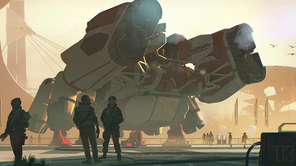 Colossal robot in Starfield with three figures under hazy sky futuristic sci-fi wallpaper background