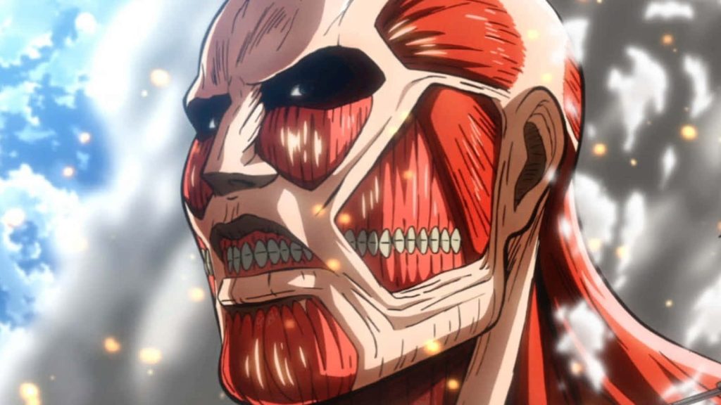 Colossal Titan close-up anime wallpaper intense steamy battle skinless muscular form menacing face