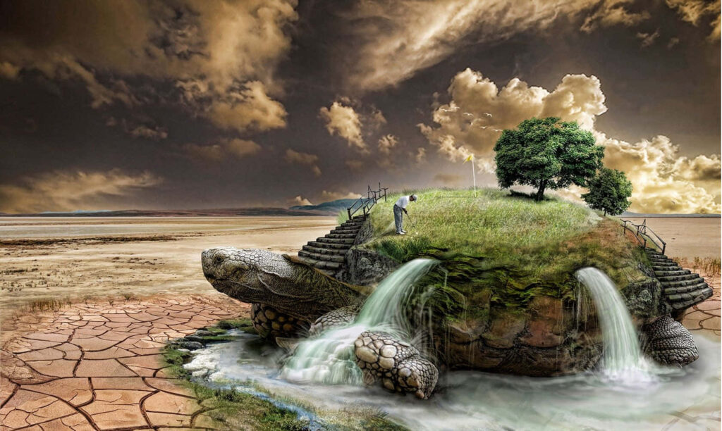 Colossal Turtle Island Oasis: Lush Wallpaper with Waterfalls
