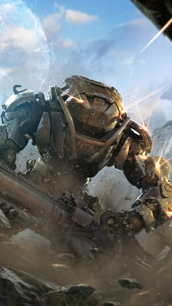 Colossus Javelin from Anthem battling sparks and rugged terrain dynamic phone wallpaper