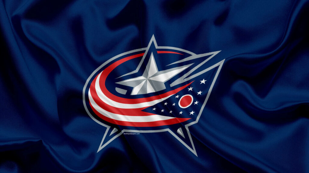 Columbus Blue Jackets logo on textured blue fabric background with red white and silver colors Wallpaper