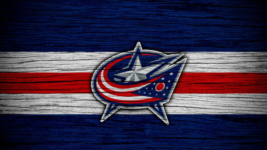 Columbus Blue Jackets logo on rustic wooden background with blue white red stripes wallpaper