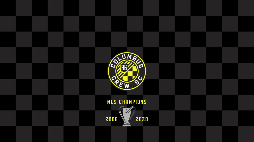 Columbus Crew SC logo on black gray checkered background with MLS Champions 2008 2020 text Wallpaper