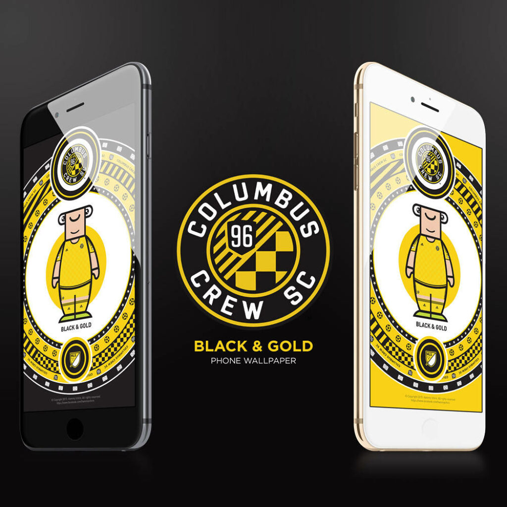 Columbus Crew SC logo with stylized player on black and gold geometric background wallpaper